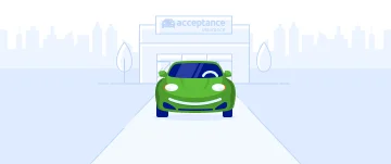 llustration of a green car parked in front of an Acceptance Insurance office.