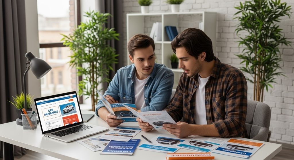Two men comparing car insurance options to find lower car insurance rates.