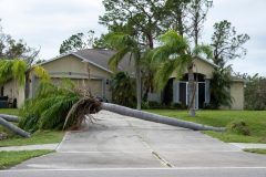 Fallen palm tree blocking a residential driveway after a storm, showing a situation where homeowners insurance may cover driveway damage