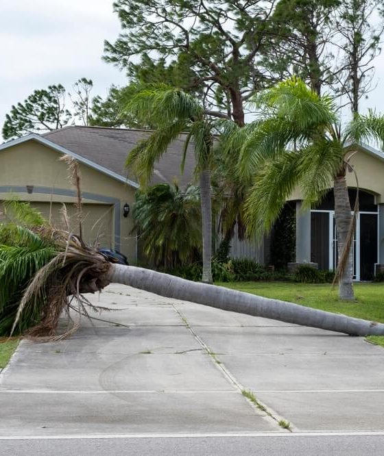 Fallen palm tree blocking a residential driveway after a storm, showing a situation where homeowners insurance may cover driveway damage