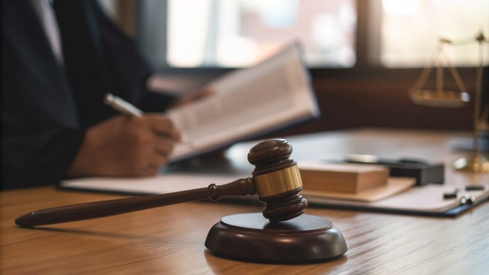 Judge reviewing legal documents beside a gavel, highlighting the court proceedings and long-term impact of life after a DUI.