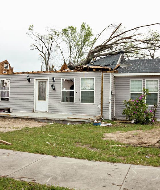 Home after a tornado with half roof missing.