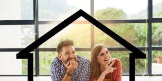 Couple, dreaming and planning for new house, relocation and investment in real estate or property. Woman, man and thinking for mortgage, loan or home ownership in future by rent lease or purchase - cheap home insurance.