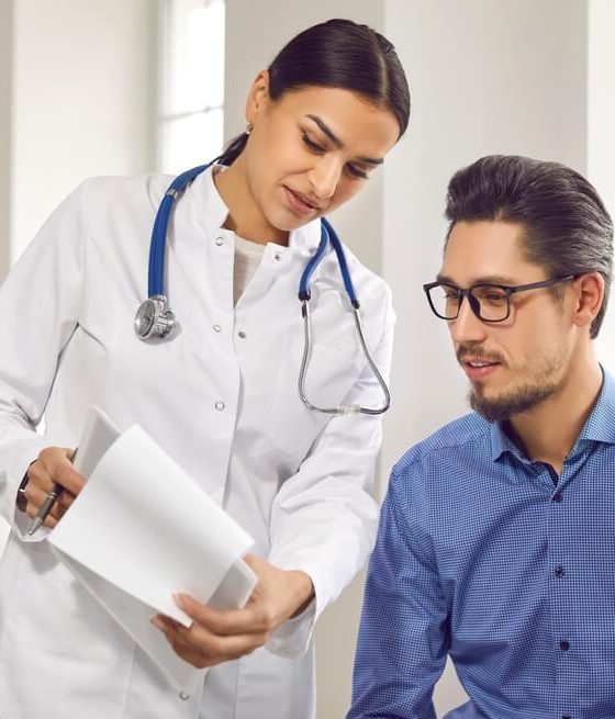 Female doctor showing test results to male patient in medical clinic. General practitioner consulting male client at medical checkup visit in hospital. Medicine and healthcare concept, free or low-cost health insurance in California.
