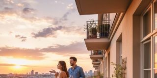 Renters stand on their balcony, looking over the city, discussing renters insurance myths and why it is best to protect your belongings.