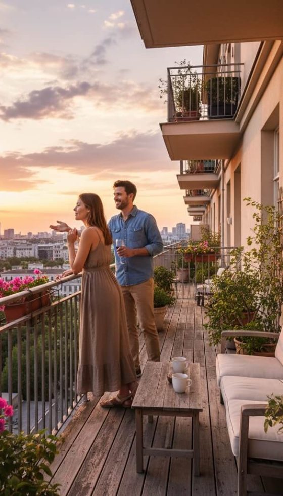 Renters stand on their balcony, looking over the city, discussing renters insurance myths and why it is best to protect your belongings.
