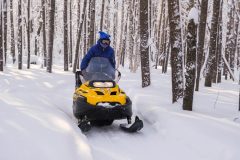 Woman on a snowmobile moving in the winter forest what does snowmobile insurance cover.