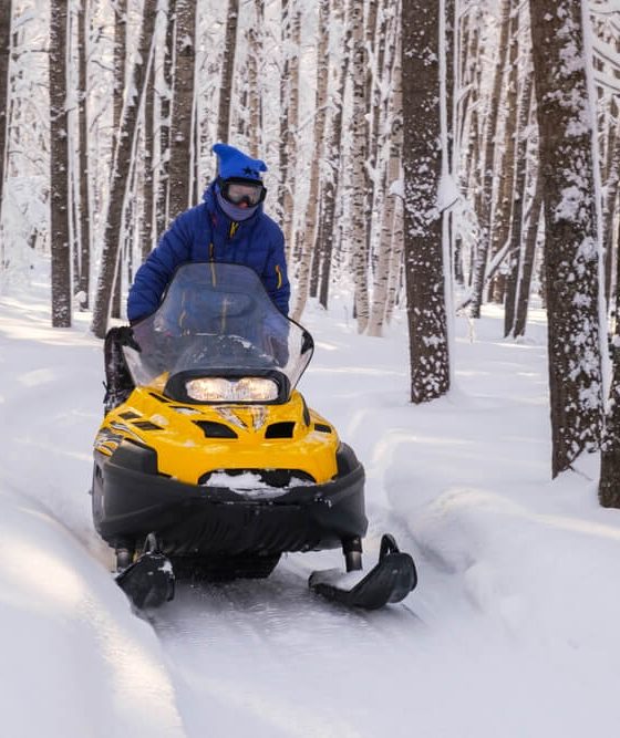 Woman on a snowmobile moving in the winter forest what does snowmobile insurance cover.