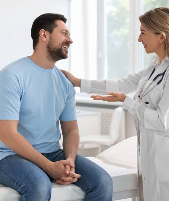 Doctor consulting with a patient in a hospital setting, representing medical care options available through Covered California.