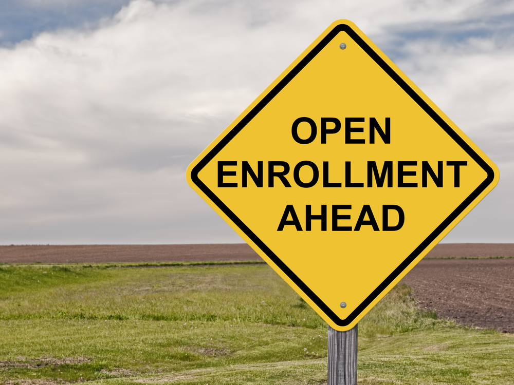 Open Enrollment Ahead road sign representing Covered California health insurance enrollment.