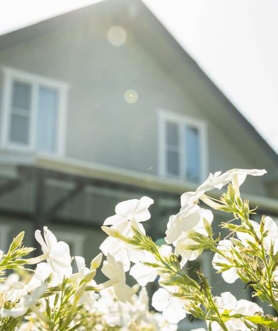 House exterior with blooming flowers in spring, symbolizing the right time for a spring home insurance review and policy check.