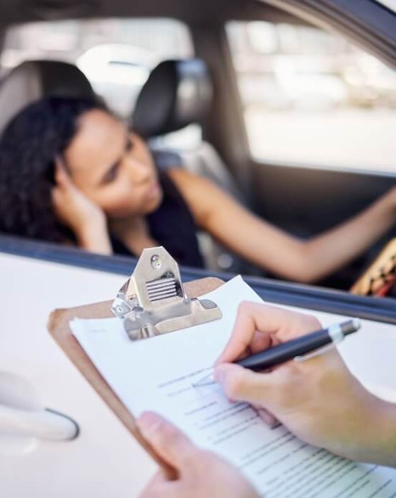 Officer writes a citation while a driver waits in her car, showing another example of the 5 common traffic violations that raise insurance rates.