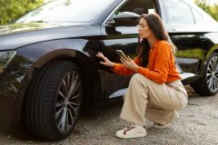 Driver inspecting damage to a black car while using a smartphone after an accident, representing car insurance rates and coverage costs.