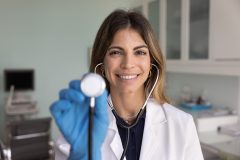 Preventative health care provider holding a stethoscope in a medical exam room during a routine wellness check.