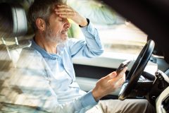 Worried driver checks his phone after a missed payment while sitting in his car.