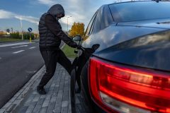 Person in a hooded jacket and face covering attempting to break into a parked black car by pulling on the driver's side door handle, illustrating vehicle theft and anti-theft car insurance.