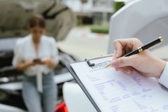 Insurance agent completing a car insurance quote on a clipboard beside a vehicle with its hood open while a driver stands nearby using a phone.