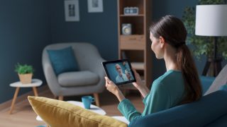 Woman using a tablet for a telemedicine mental health appointment from home.