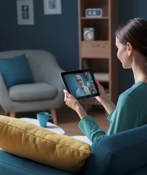 Woman using a tablet for a telemedicine mental health appointment from home.