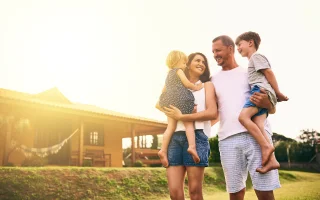 Family, bonding and new home with father, mother and kids with happiness and love.