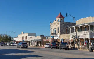 Main Street in Fredericksburg, Texas, known as The Magic Mile, showcasing retail stores and pedestrians – Fredericksburg, cheap car insurance in Texas