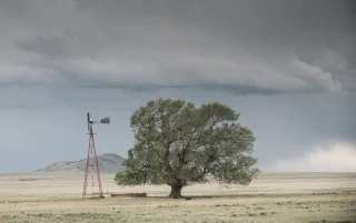 Clouds over a windmill and small tree in Plainview, Texas – cheap car insurance in Texas.