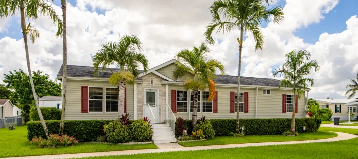 Modern style mobile home with palm trees in yard.