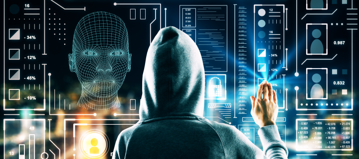 Hacker using abstract glowing head outline interface on dark blurry night city background.