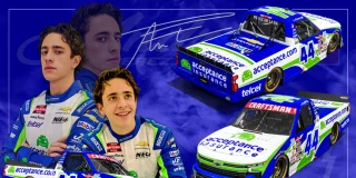 News graphic featuring Andrés Pérez de Lara and the number 44 Acceptance Insurance truck announcing partnership with Niece Motorsports