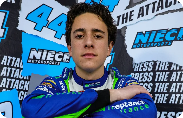 Portrait of NASCAR driver Andrés Pérez de Lara in racing suit representing Acceptance Insurance