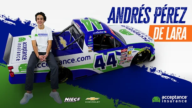 Downloadable wallpaper of Andrés Pérez de Lara sitting on the number 44 Acceptance Insurance NASCAR truck
