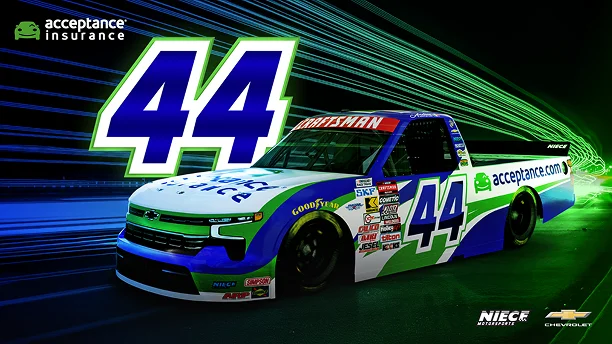 Downloadable wallpaper featuring Acceptance Insurance number 44 NASCAR truck with bold number graphic and neon background