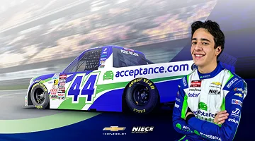 Acceptance Insurance NASCAR Truck Series graphic featuring driver Andrés Pérez de Lara and the number 44 race truck