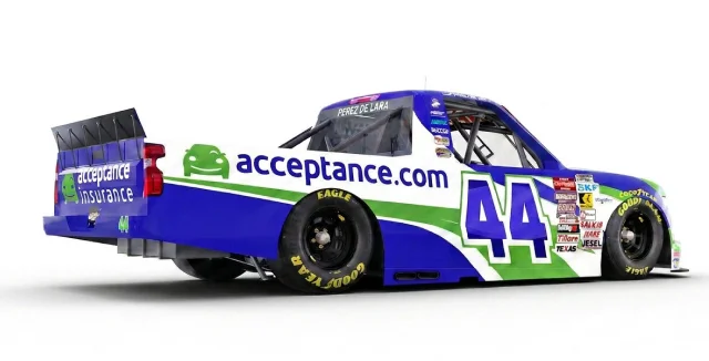 Side view of Acceptance Insurance number 44 NASCAR truck from alternate angle