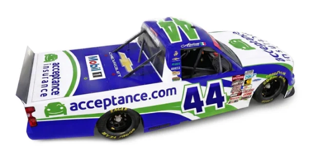 Top angled view of Acceptance Insurance number 44 NASCAR truck highlighting roof and sponsor logos