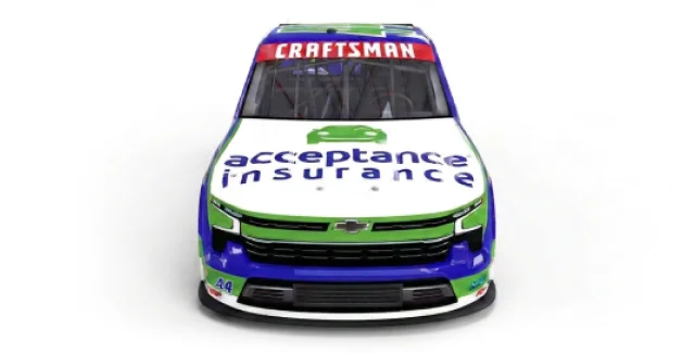 Front view of Acceptance Insurance number 44 NASCAR truck with Chevrolet branding