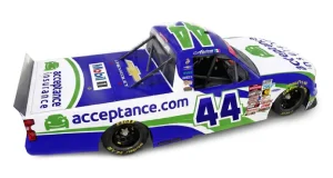 Top angled view of Acceptance Insurance number 44 NASCAR truck highlighting roof and sponsor logos