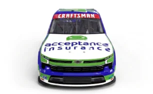 Front view of Acceptance Insurance number 44 NASCAR truck with Chevrolet branding