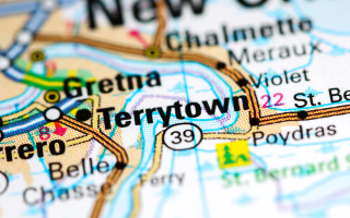 Close-up map image highlighting Terrytown, Louisiana, with nearby areas including Gretna and Belle Chasse visible.