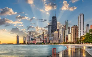 Chicago, Illinois, USA on Lake Michigan at dawn.