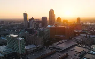 Aerial View of Indianapolis, Indiana, USA, sunset.
