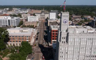 Afternoon light shines on the historic buildings of downtown Jackson.