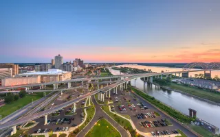Memphis, Tennessee, USA aerial skyline view with downtown and Mud Island.