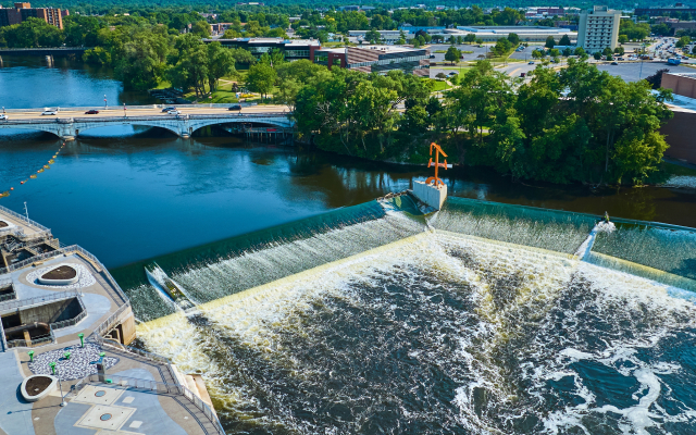 Aerial view of the St. Joseph River and downtown South Bend, Indiana.