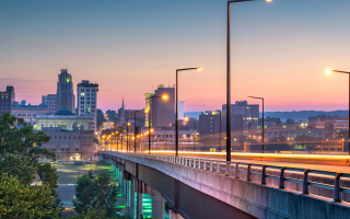 Downtown Youngstown, Ohio skyline and bridge at twilight.
