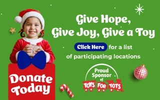 Child holding toys, festive background.